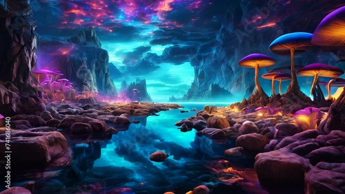 Mushroom fantasy landscape mountain valley river reflection