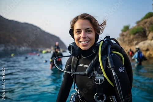 Young female scuba diver standing in front of the camera and smiling