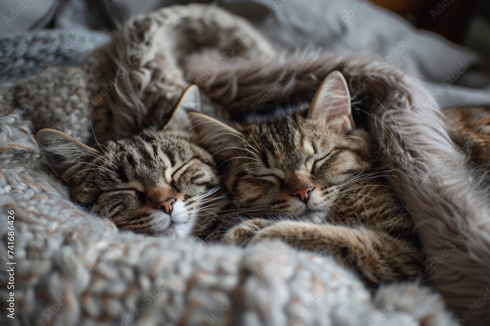 Two cats cuddling together on a soft blanket Two cats cuddling together on a soft blanket