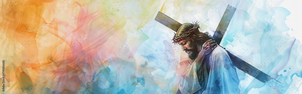 Fototapeta premium Jesus with crown of thorns, cross, colorful abstract art 