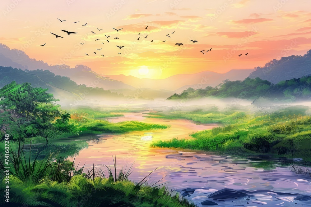 An idyllic landscape painting with a river, green hills, and birds flying in the sky at sunrise