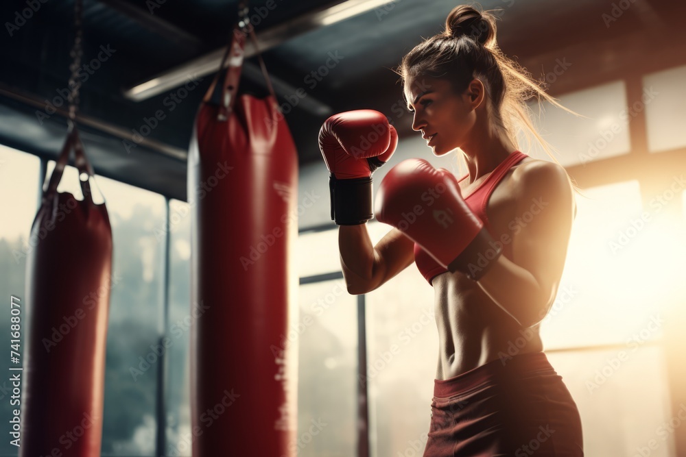 women wearing boxing gloves ready to do boxing with a punching bag - obrazy, fototapety, plakaty 