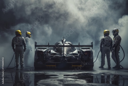 Racing team with a car in a dramatic smoky atmosphere