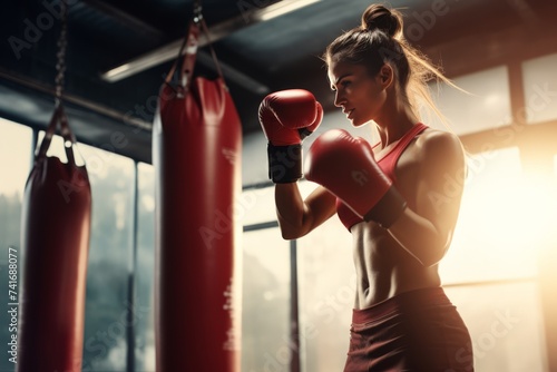 women wearing boxing gloves ready to do boxing with a punching bag photo