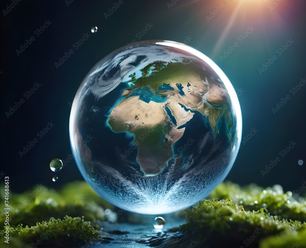 planet Earth in a drop of water on a blue background illuminated by sunlight. environment and Earth day illustration planet Earth in a drop of water on a blue background illuminated by sunlight. environment and Earth day illustration