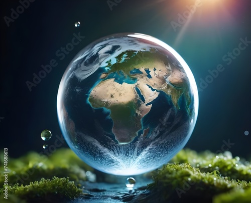planet Earth in a drop of water on a blue background illuminated by sunlight. environment and Earth day illustration