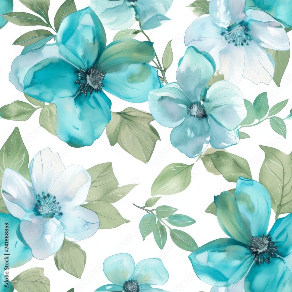 Chambray Blue Watercolor Flowers on Seamless Fabric Design.