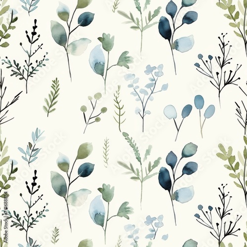 Soft Watercolor Botanical Elements in Capri and Chambray Blue Seamless Pattern.