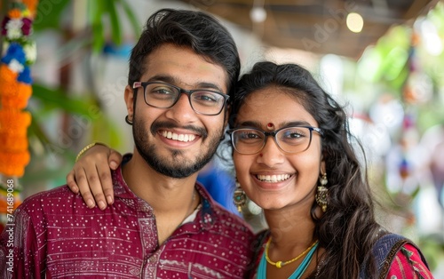 A couple in traditional Indian attire embraces, their smiles reflecting a deep cultural connection. The vibrant colors and patterns add a rich cultural context to their joy.