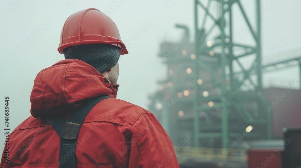 Worker in red hard hat and jacket overlooking industrial site on foggy day. Worker in red hard hat and jacket overlooking industrial site on foggy day.