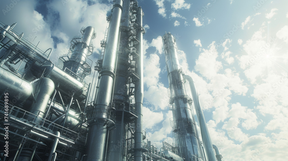 Obraz premium view from the ground up of towering silver industrial distillation columns at a petrochemical plant with a sunlit blue sky in the background.