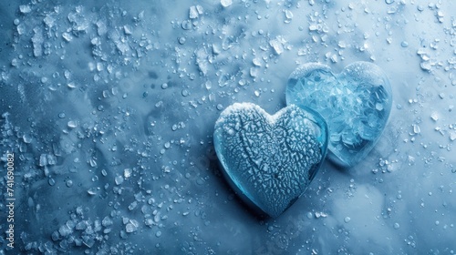 Two heart-shaped ice sculptures on a frosty blue background with ice crystals.