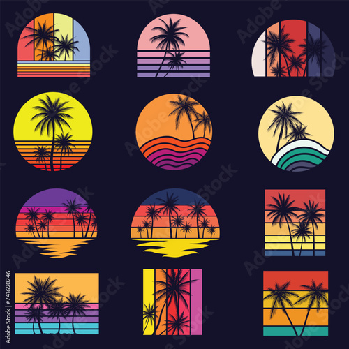 Vintage retro palm tree silhouette set collection
