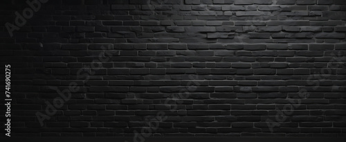 Black brick wall panoramic background, wide old black wall texture brickwork panoramic grunge background black texture, dark, black, ai