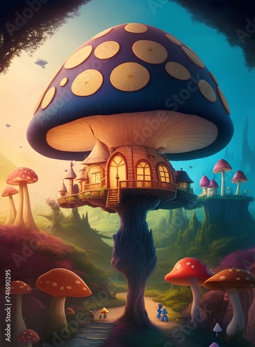 Cartoon vector illustration magical mushroom fantasy fairytale house kids colorful dream world
