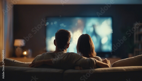 Back view of adult couple watching TV at home while sitting on sofa, night time, soft warm lights
