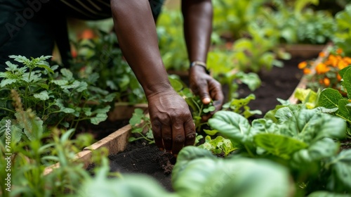 Hands in Earth: African American Gardener Cultivating Sustainable Food Garden.