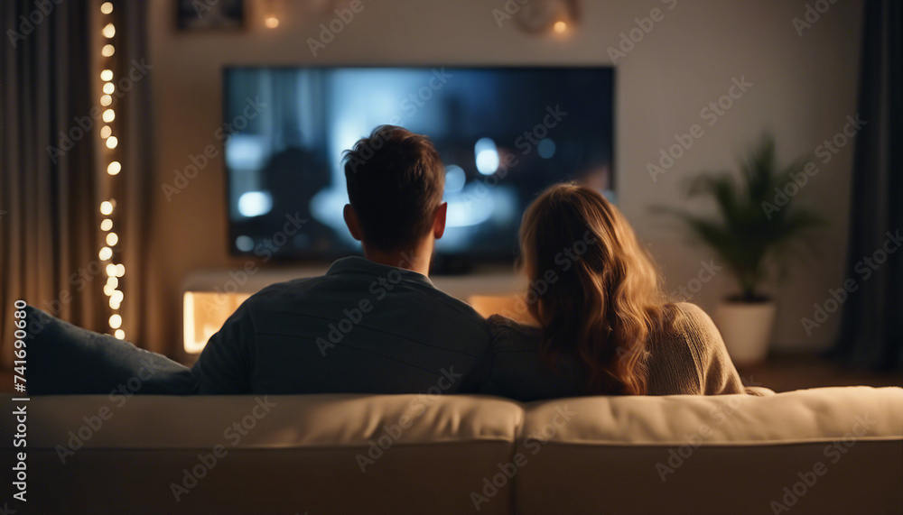 Back view of adult couple watching TV at home while sitting on sofa, night time, soft warm lights
Back view of adult couple watching TV at home while sitting on sofa, night time, soft warm lights