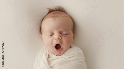 newborn baby wrapped in a soft white blanket, yawning or sneezing with eyes closed