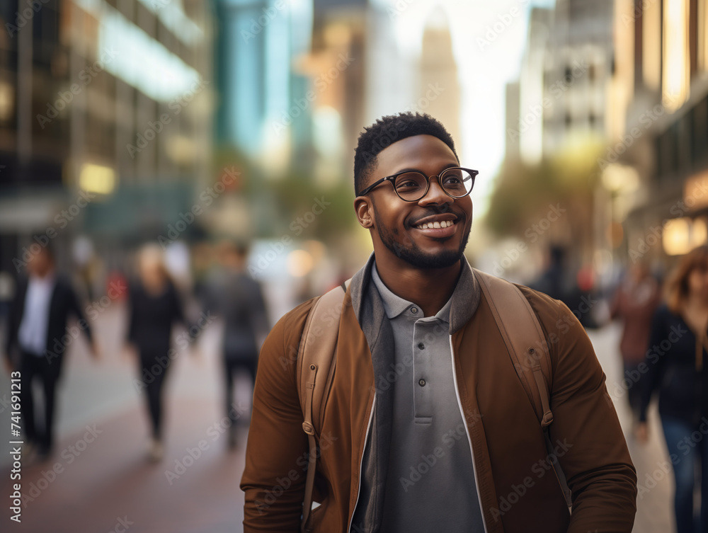 Naklejka premium Lifestyle image of a young entrepreneur walking through a bustling city street