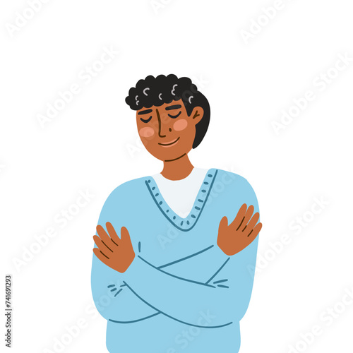 Hand drawn vector illustration of man hugging himself, self love and self care concept