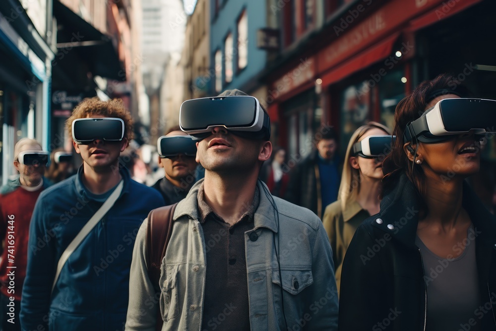 A diverse group of individuals walks in unity, exploring the urban landscape through virtual reality. A diverse group of individuals walks in unity, exploring the urban landscape through virtual reality.