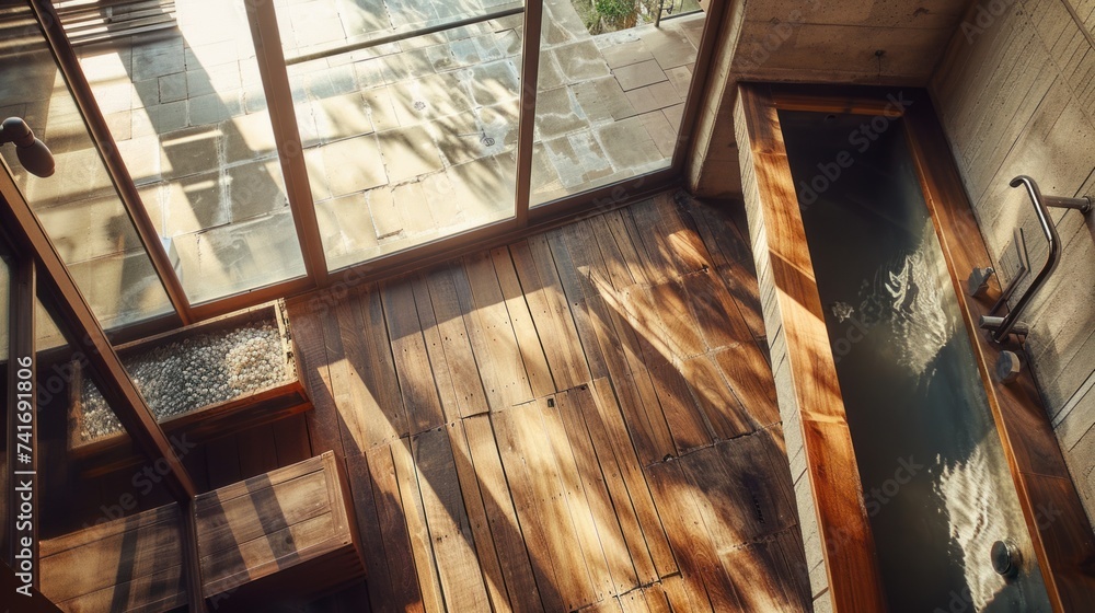 Photo of a bathroom with wood tiles With bathtub and balcony Photo of a bathroom with wood tiles With bathtub and balcony