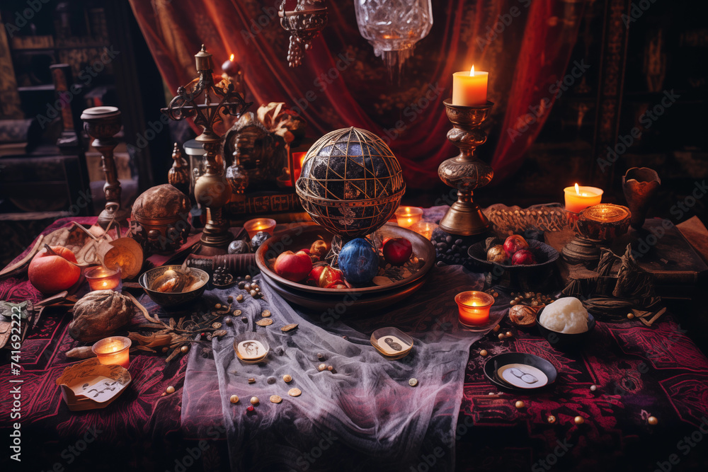 A fortune teller's table covered with a vibrant silk cloth, displaying ...