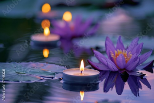 Candles and lotus flowers in a tranquil setting.