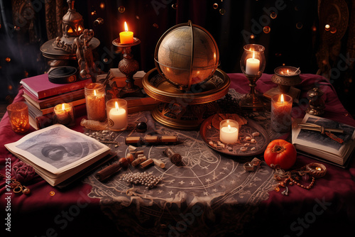 A fortune teller's table covered with a vibrant silk cloth, displaying an open tarot deck, Antique trinkets, a crystal ball, and incense creating an enchanting setting