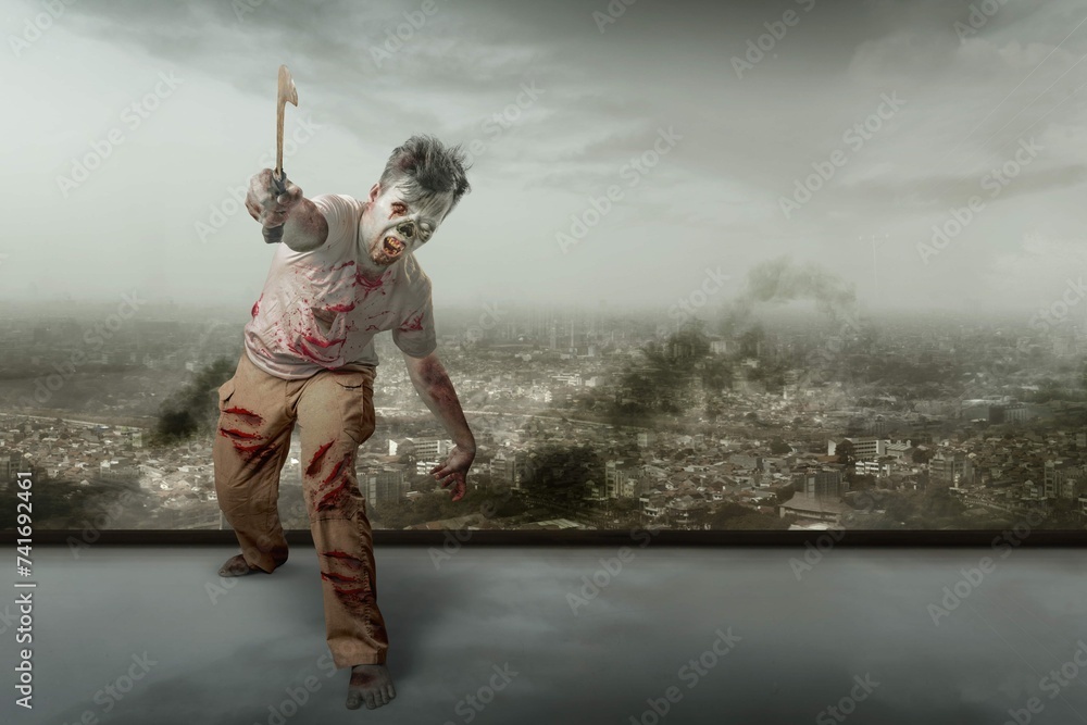 Scary Zombie With Blood Wound His Body Holding Sickle Walking With Ruined City Background