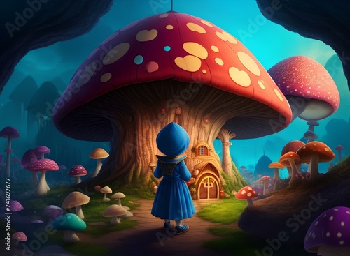 Cartoon vector illustration magical mushroom fantasy fairytale house kids colorful dream world