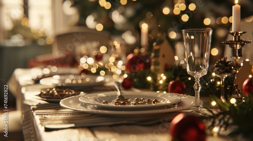 photograph of Festive table arrangement for Christmas or New Year s dinner  happy day