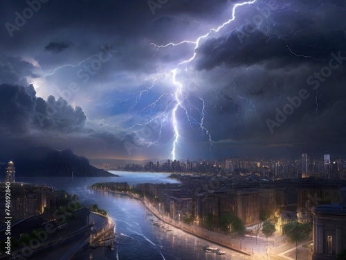 Lightning and lightning storm at night, city being hit by lightning. Generative ai 