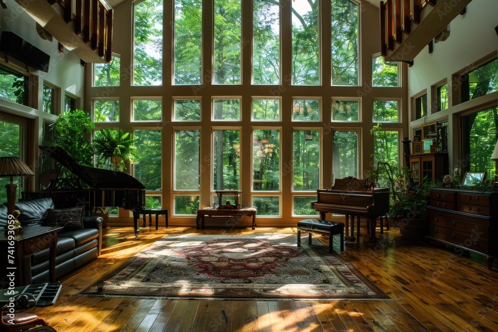 photograph of Forest house living room with natural interior design