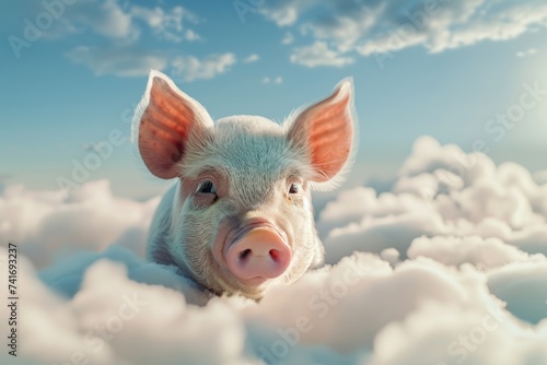 Picture of a funny little pig flying in white clouds