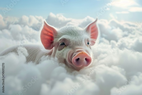 Picture of a funny little pig flying in white clouds photo