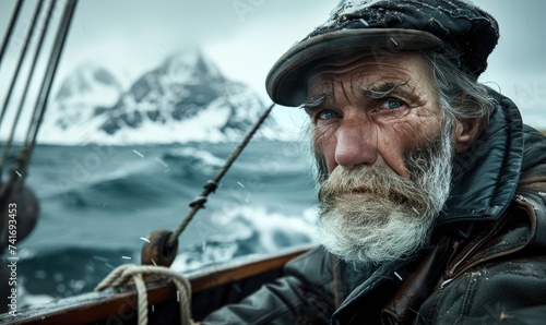 An elderly man with a skipper's beard wearing captain's cap. Fishing schooner in the North Sea photo