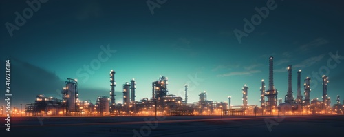 Dusk scene of industrial plant in desert sands under twilight sky. Concept Industrial Plant, Dusk Scene, Desert Sands, Twilight Sky