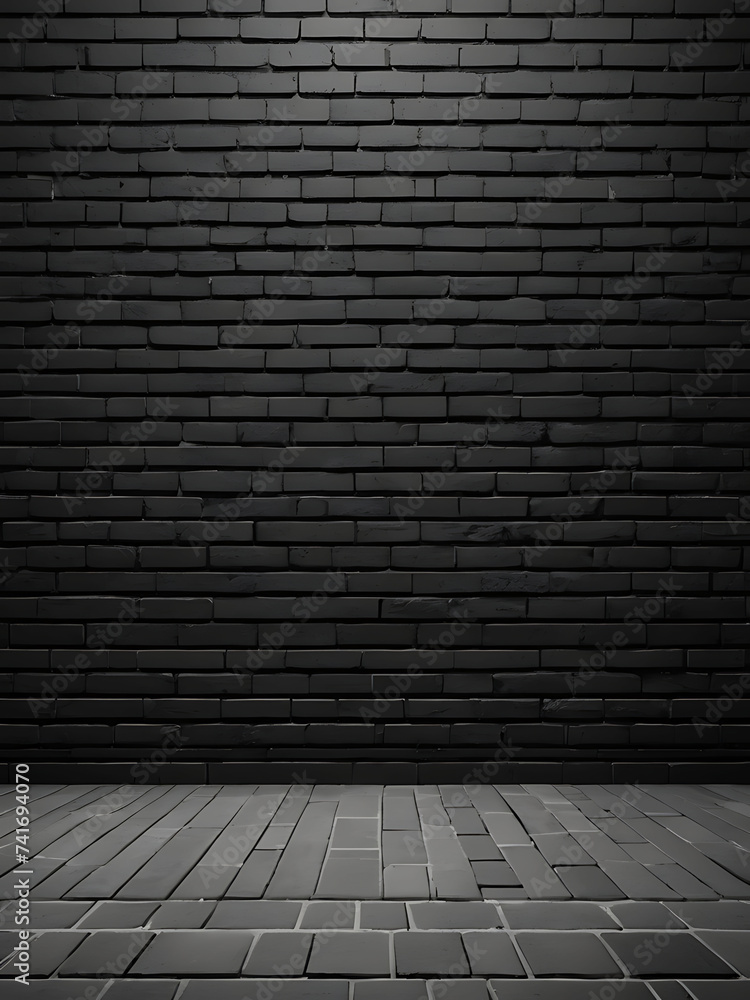 Black brick wall panoramic background, wide old black wall texture brickwork panoramic grunge background black texture, dark, black, ai
