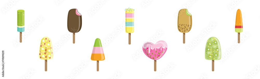 Ice Cream Eskimo with Wooden Stick Vector Set Ice Cream Eskimo with Wooden Stick Vector Set