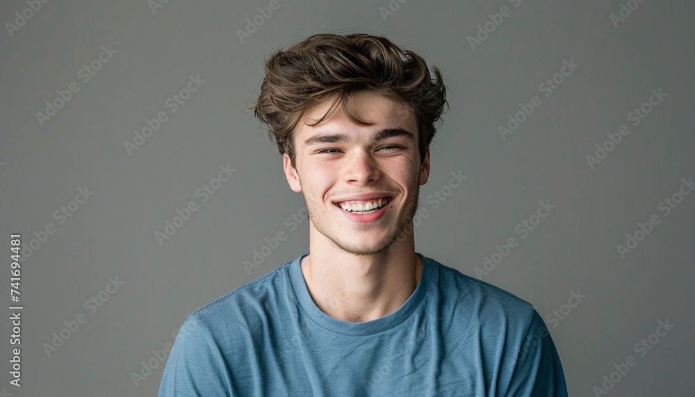 Close up portrait of young smiling handsome guy in blue t-shirt isolated on grey background - obrazy, fototapety, plakaty 
