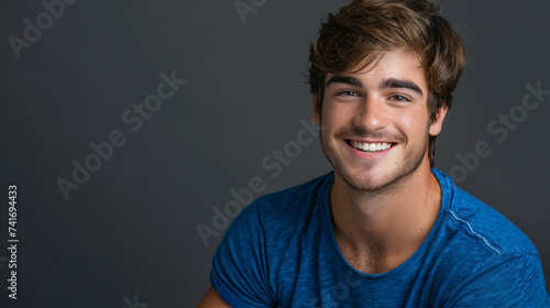 Close up portrait of young smiling handsome guy in blue t-shirt isolated on grey background © Diana