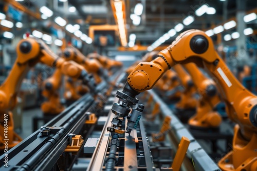 Industrial robots working on an assembly line in a factory.