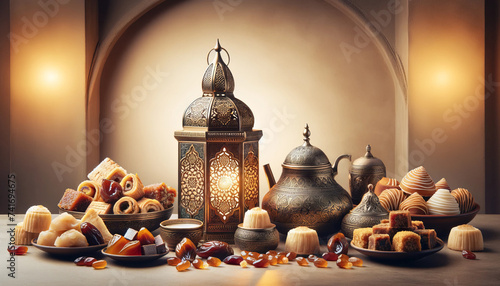Still life of Arabic sweets, fruits and nuts during end of fasting month of Ramadan and celebration of Eid al-Fitr with elegant tableware and filigree lantern with copy space
