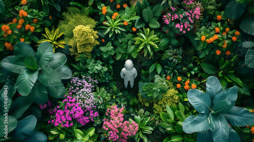 Astronaut in repose Lush colorful garden from above A blend of space exploration and earthly beauty photo