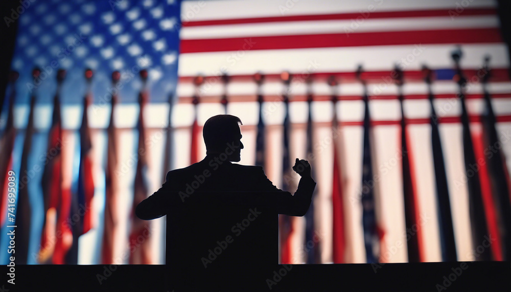 Silhouette of the American senator giving a press conference at the podium, with white spotlights
 - obrazy, fototapety, plakaty 