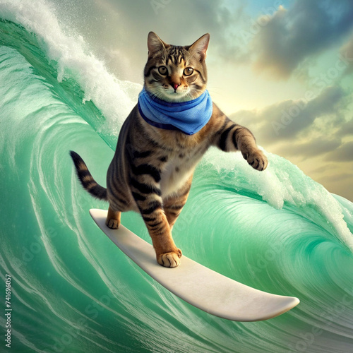 A cat that is surfing and has a scarf around its neck  photo