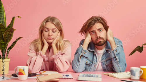 man and a woman seated at a desk, both looking bored or tired, against a pink background.