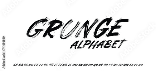 Lettering font isolated on black background. Texture alphabet in street art and graffiti style. Grunge and dirty effect. Vector brush letters.	